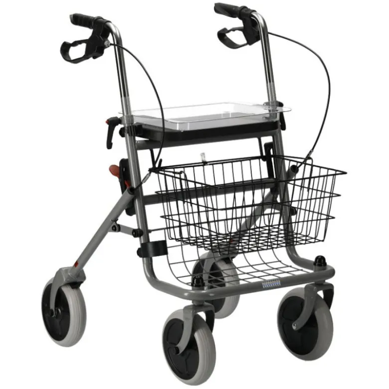 Russka Rollator silber, mit Stockhalter, Korb und Tablett